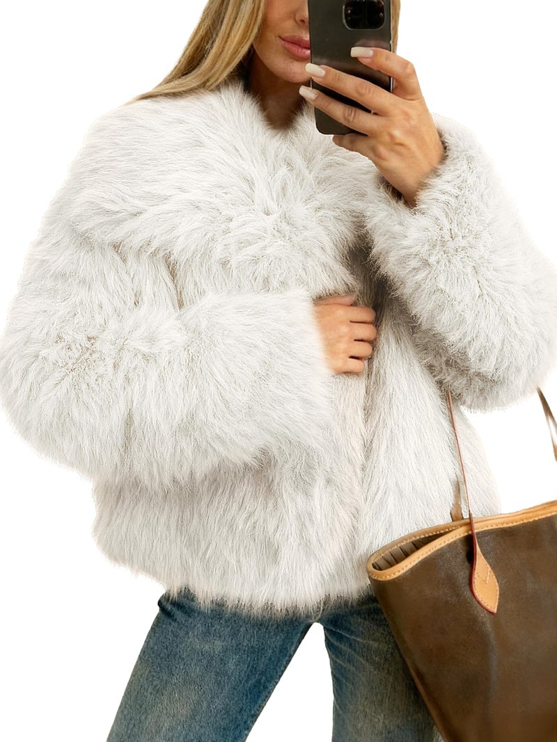 Funlingo Womens Winter Faux Fur Coat Casual Warm Long Sleeve Cropped Shaggy Jacket 2025 Trendy Overcoat White S - Image 1