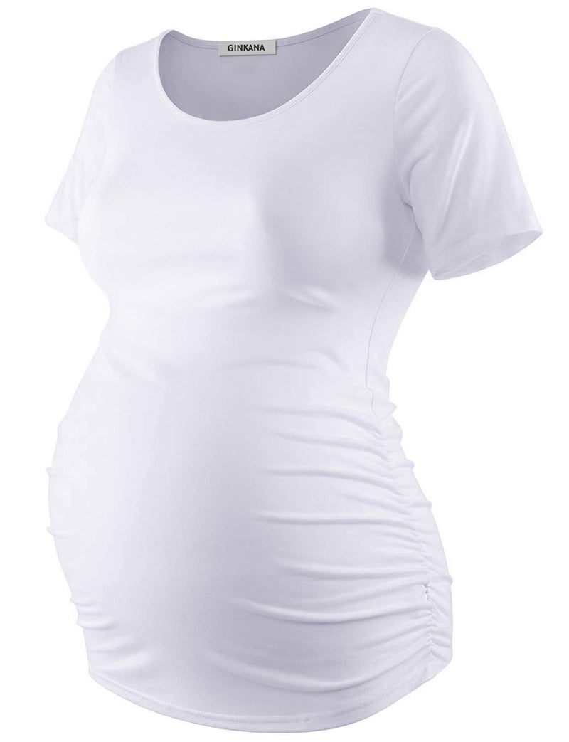 Plus Size Maternity Shirts Tops White Short Sleeve Ruched Sides Casual Mama Pregnancy Blouses Clothes