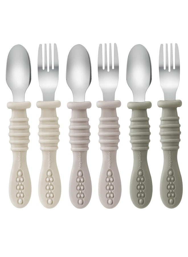 PandaEar 6 Pack Toddler Fork and Spoon Utensil Set, Baby Silicone Stainless Steel Silverware Spoon Fork for Babies Kids, BPA Free (Walnut&Linen&Brown) - Image 1