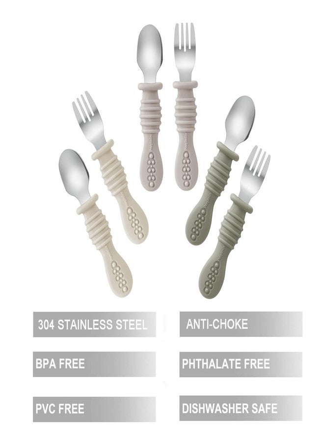 PandaEar 6 Pack Toddler Fork and Spoon Utensil Set, Baby Silicone Stainless Steel Silverware Spoon Fork for Babies Kids, BPA Free (Walnut&Linen&Brown) - Image 2