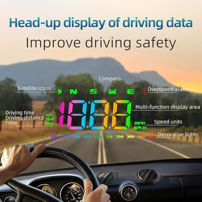 Azonee شاشة عرض أمامية مع عداد سرعة GPS M23S للسيارة، خط ملون مع سرعة ميل في الساعة، بوصلة، اتجاه، مسافة السفر، وقت السفر، تنبيه السرعة وشاشة عالية الدقة، كابل USB، توصيل وتشغيل - Image 2