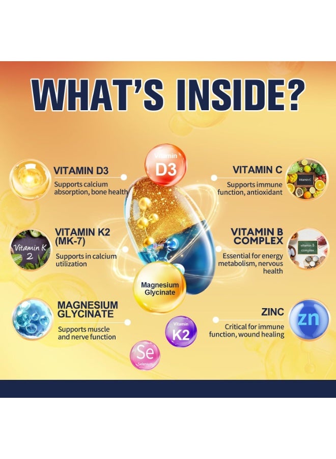 Totaria Vitamin D3+K2 Complex Capsules with Vitamin C + Vitamin  B1 B6 B12,  Magnesium 5000IU D3 + 180mcg K2,Energy & Immunity Support Dietary,  120 Vegan Caps (4-Month Supply） - Image 3