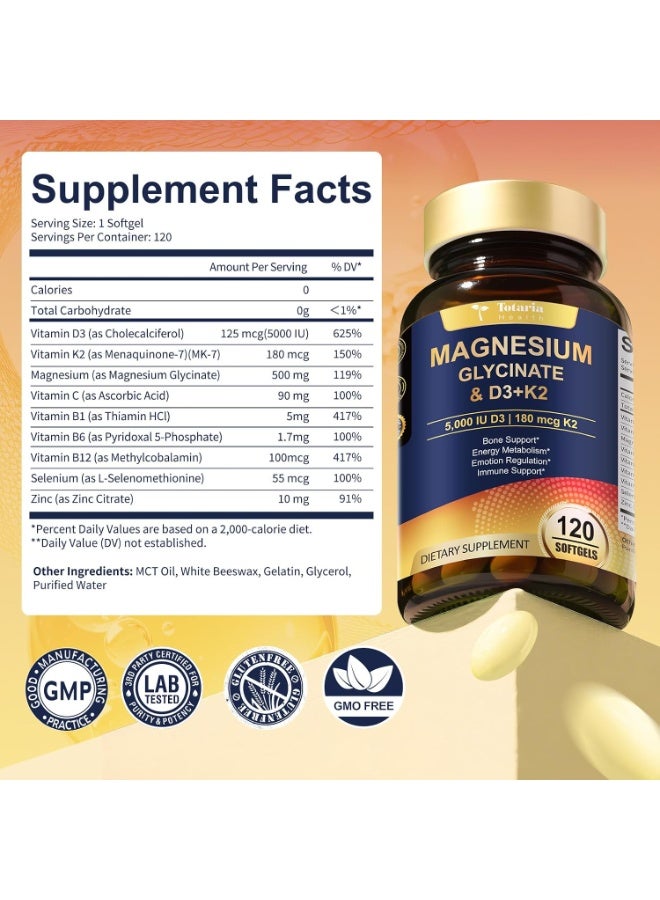 Totaria Vitamin D3+K2 Complex Capsules with Vitamin C + Vitamin  B1 B6 B12,  Magnesium 5000IU D3 + 180mcg K2,Energy & Immunity Support Dietary,  120 Vegan Caps (4-Month Supply） - Image 4