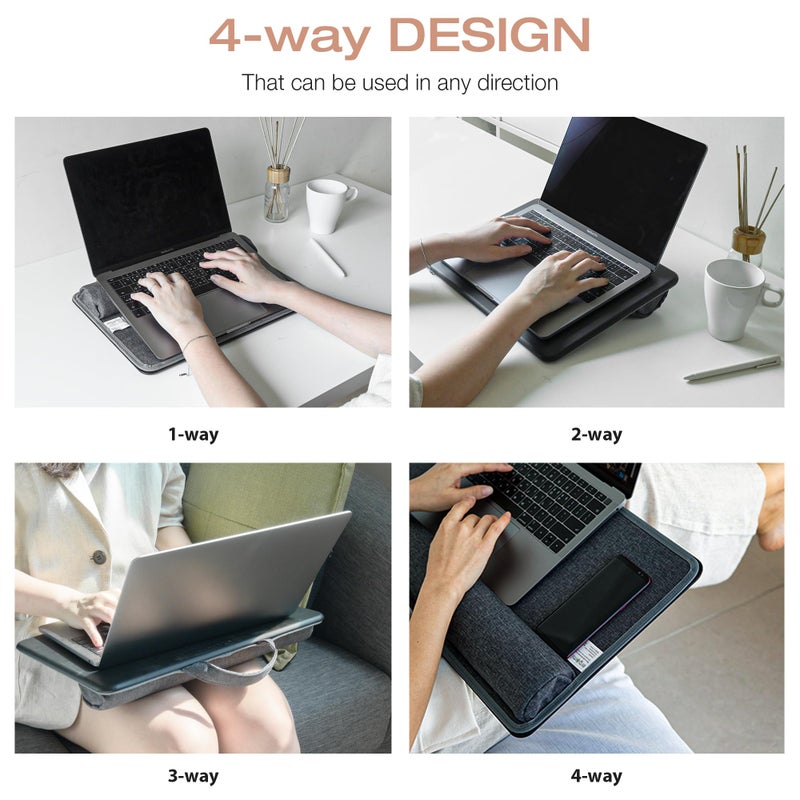 ergomi Lap Desk with Soft Cushion and Wrist Rest â€“ Portable Laptop Desk for Bed, Couch & Home Office, PU Surface Tray with Handle for 15.6 inch Laptop (Medium, Black) - Image 2
