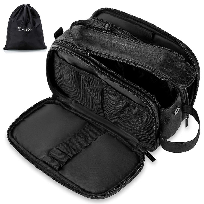 Elviros Toiletry Bag for Men, Large Travel Shaving Dopp Kit Water-resistant Bathroom Toiletries Organizer PU Leather Cosmetic Bags Fathers Day Gift(Medium, Black) - Image 1