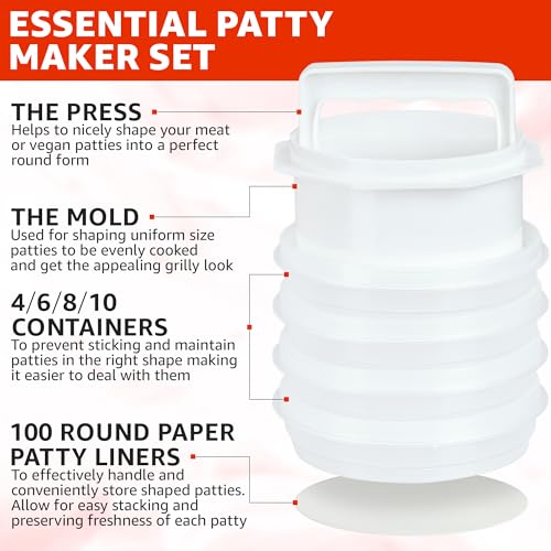 Mission Gallery Hamburger Press Patty Maker 4 in 1 Burger Mold Patty Press 8 Storage Containers 100 Round Papers Hamburger Patty Maker Tool for BBQ Burger Shaper for Meat Veggie Patties - Image 3