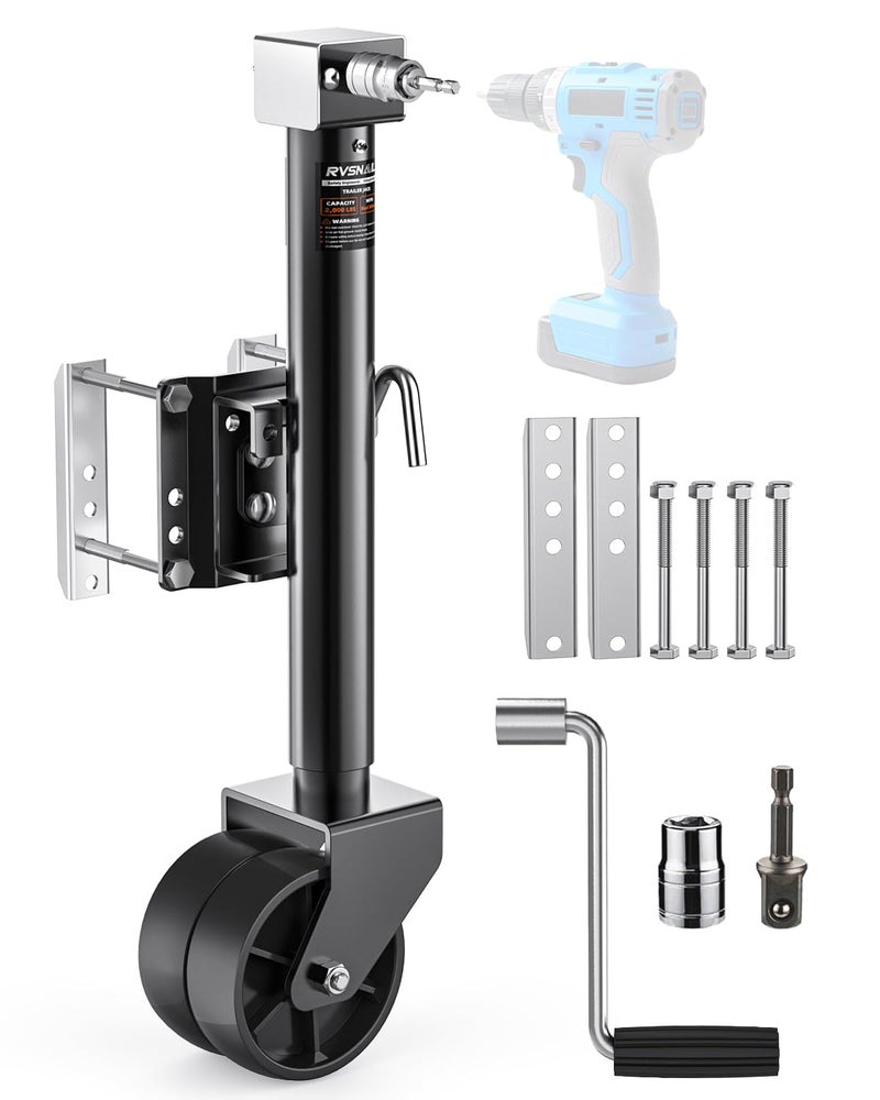 RVSNAIL 2000 lbs Trailer Jack with Dual Wheel Heavy Duty, 12" Lift, 20-24V Cordless Drill Compatible, for RV, Boat, Yacht & Utility Trailers, Black - Image 1