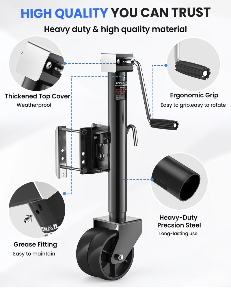RVSNAIL 2000 lbs Trailer Jack with Dual Wheel Heavy Duty, 12" Lift, 20-24V Cordless Drill Compatible, for RV, Boat, Yacht & Utility Trailers, Black - Image 5