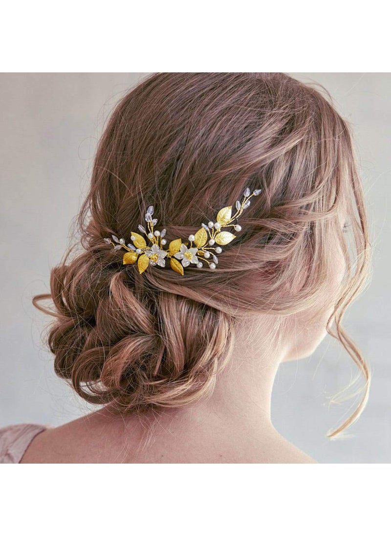 Aukmla - Aukmla Leaf Bride Wedding Hair Comb Flower Bridal Hair Pieces Rhinestones Side Comb Hair Accessories for Women and Girls Pack of 2 Gold - Image 1
