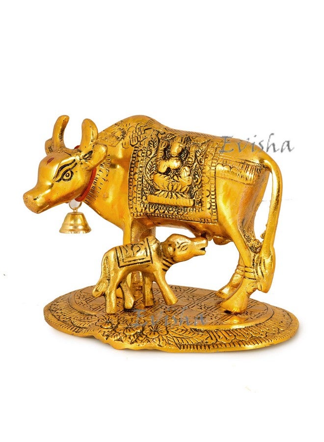 Evisha Golden Cow and Calf Kamdhenu Brass Statue Antique Finish Indian Temple Puja Home Décor and Gifting (Golden Cow Calf) - Image 4