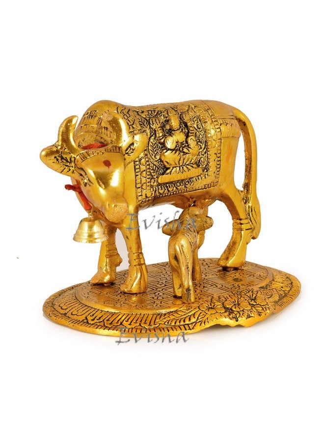 Evisha Golden Cow and Calf Kamdhenu Brass Statue Antique Finish Indian Temple Puja Home Décor and Gifting (Golden Cow Calf) - Image 3