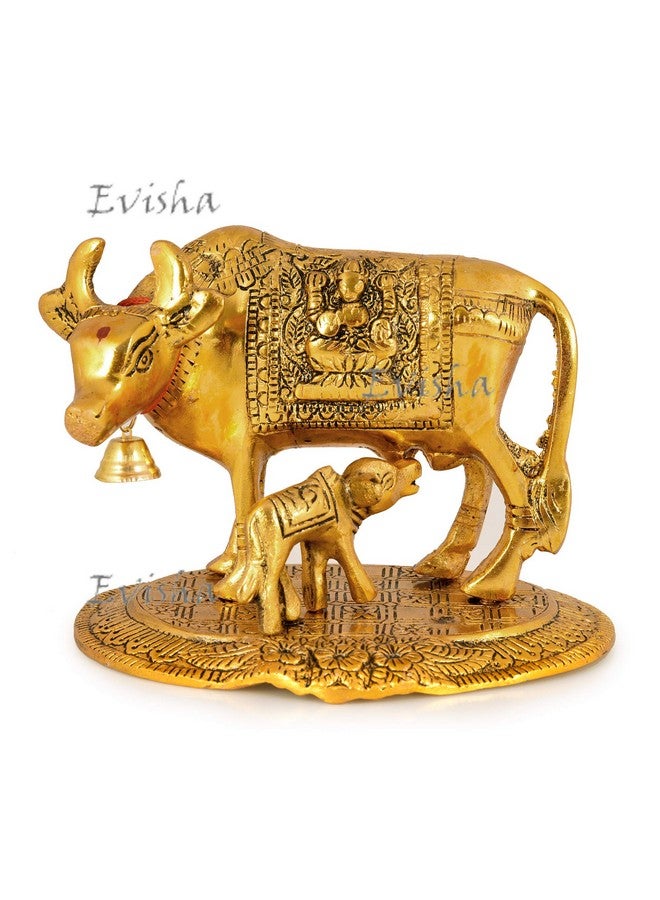 Evisha Golden Cow and Calf Kamdhenu Brass Statue Antique Finish Indian Temple Puja Home Décor and Gifting (Golden Cow Calf) - Image 2