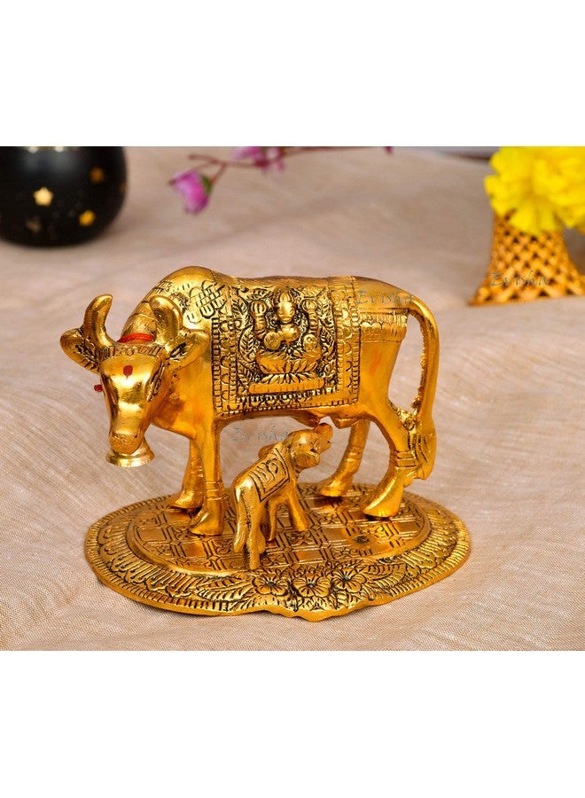Evisha Golden Cow and Calf Kamdhenu Brass Statue Antique Finish Indian Temple Puja Home Décor and Gifting (Golden Cow Calf) - Image 1
