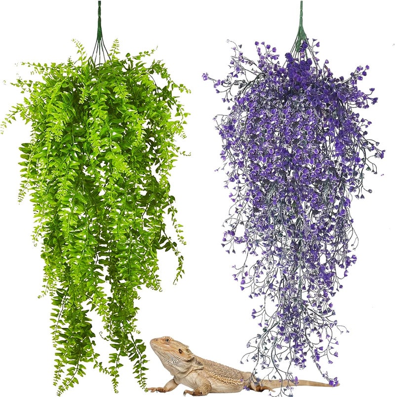 PINVNBY 2 Pack Reptile Plants Terrarium Hanging Fake Vines with Suction Cup Artificial Leaves for Bearded Dragons Lizards Geckos Snake Hermit Crab (Purple and Green) - Image 1