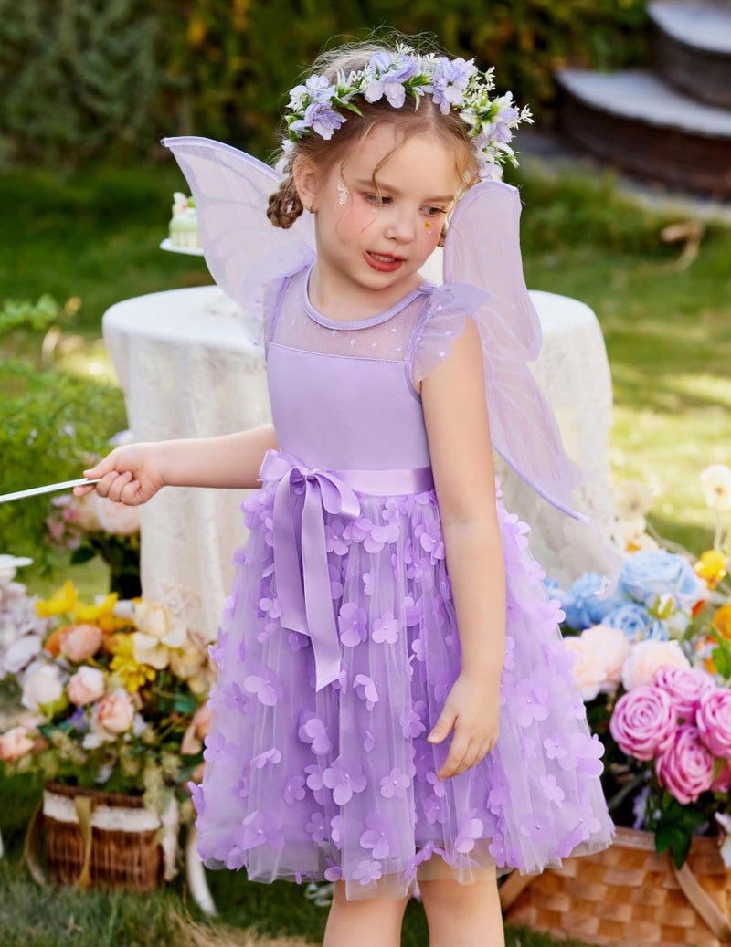 Arshiner Toddler Dress Girls Summer Ruffle Sleeve Mesh A Line Formal Party Tulle Dresses with Pockets Purple Flower - Image 5