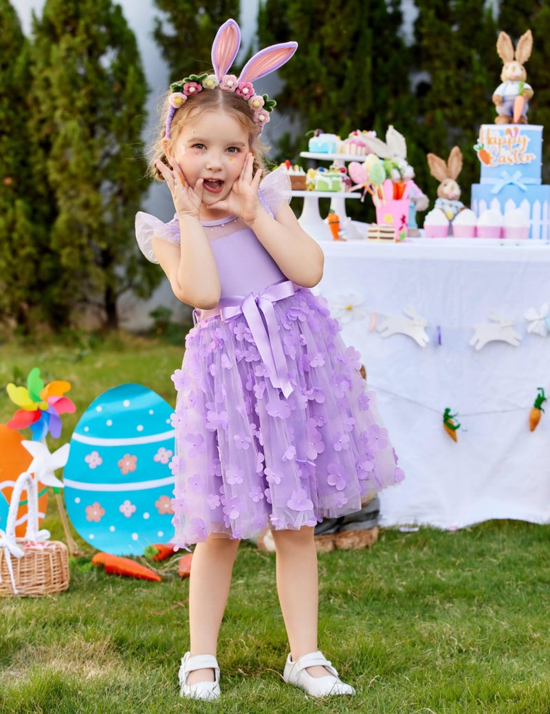 Arshiner Toddler Dress Girls Summer Ruffle Sleeve Mesh A Line Formal Party Tulle Dresses with Pockets Purple Flower - Image 3