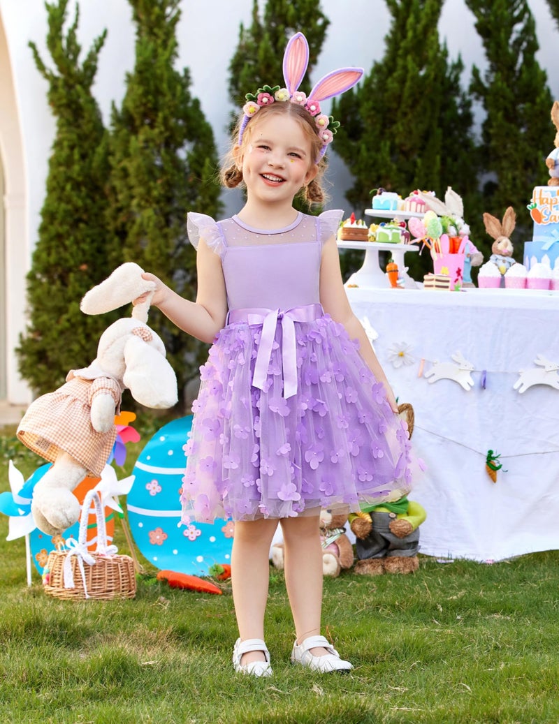Arshiner Toddler Dress Girls Summer Ruffle Sleeve Mesh A Line Formal Party Tulle Dresses with Pockets Purple Flower - Image 2
