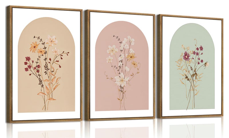 KISSFOX 3 Piece Framed Wall Art Wildflower Wall Decor Floral Pictures Botanical Canvas Art Pink Green Yellow Paintings Minimalist Boho Artwork For Girly Room Bedroom Living Room - Image 1