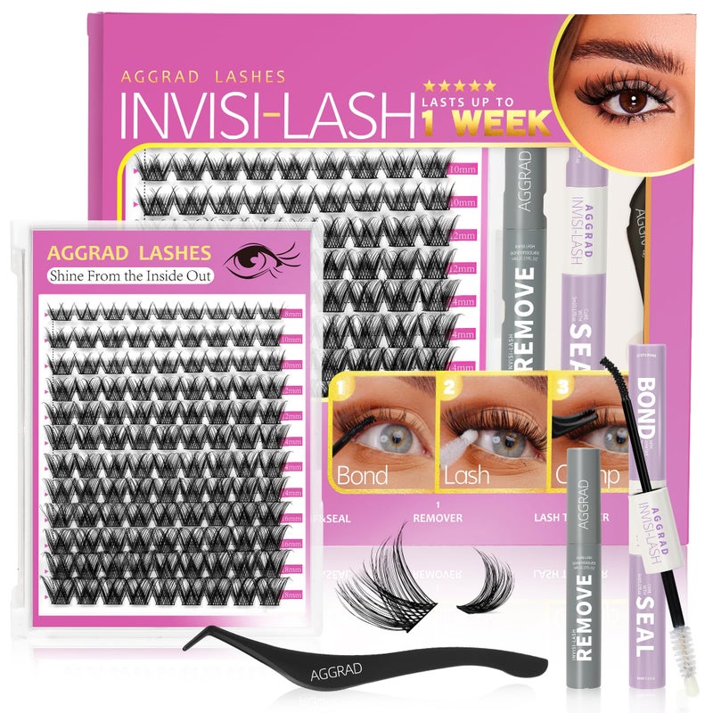 AGGRAD Energy Lash Clusters Kit 8-18mm Fluffy Volume Eyelashes Cluster Extension Kit D Curl Individual DIY False Lash Extension Kit with Lash Bond and Seal, Thin Invisible Black Lash Band - Image 1