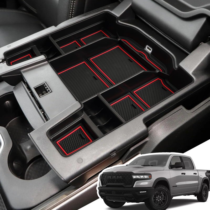 LANGBEAN Center Console Organizer for 5th Gen 2026 2025-2019 Ram 1500 2500 3500(Full Console w/Bucket Seats Only), ABS Storage Box, Middle Console Tray Organizer, Insert Container Pallet-Red - Image 1