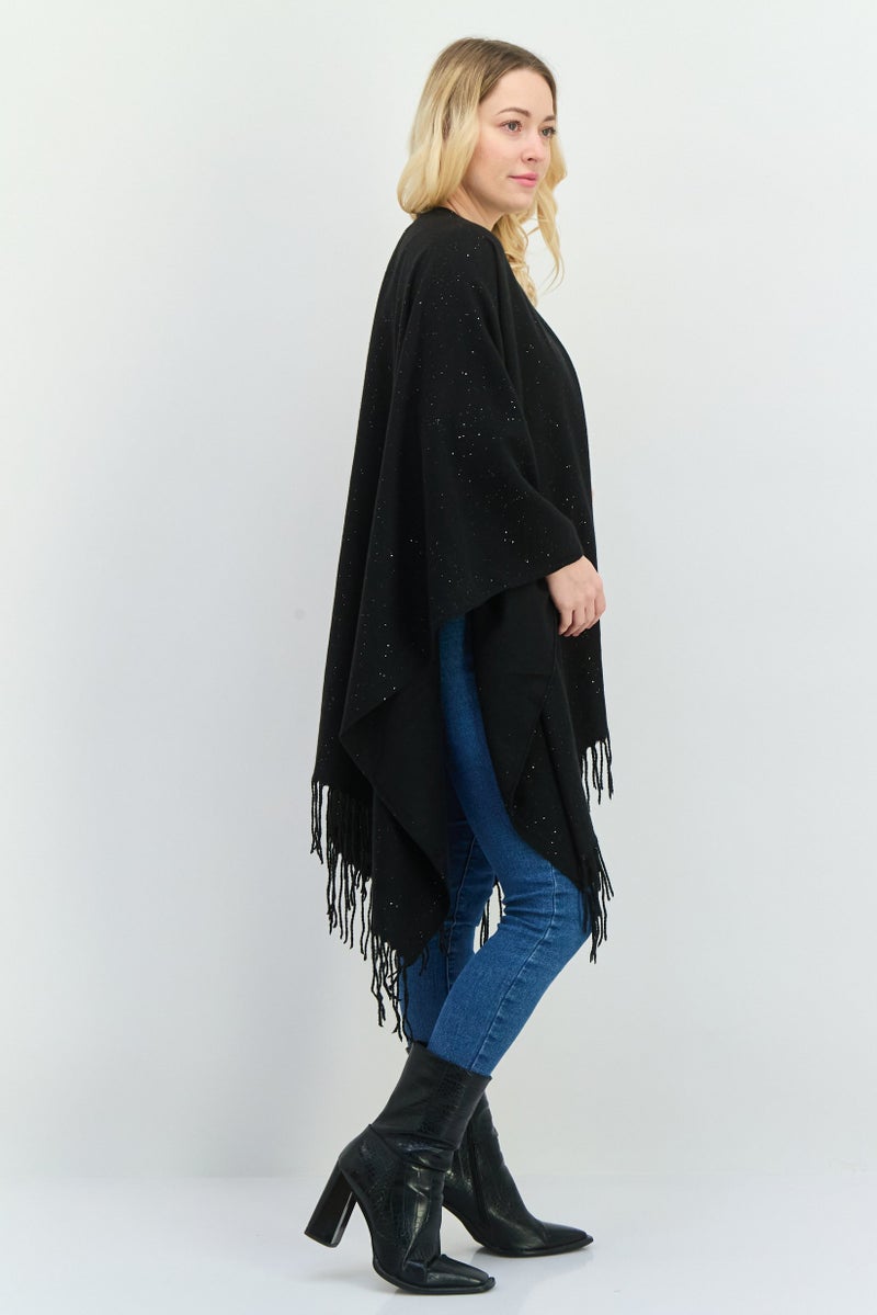 ADRIENNE VITTADINI Women Metallic Ruana Poncho 135 L x 78 H cm, Black  - Image 3