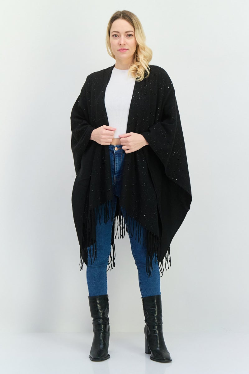 ADRIENNE VITTADINI Women Metallic Ruana Poncho 135 L x 78 H cm, Black  - Image 1