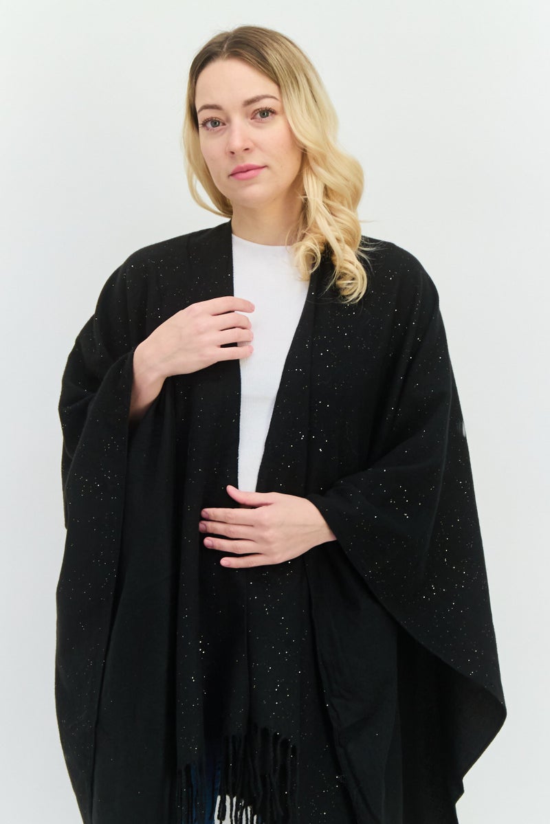 ADRIENNE VITTADINI Women Metallic Ruana Poncho 135 L x 78 H cm, Black  - Image 2