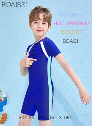 Children's One-Piece Swimsuit, Short-Sleeve Zipper Design UV Protection & Quick-Dry Professional Training Swim Set for Kids, High-Quality, Comfortable Stretch Skin-Friendly Swimwear, Blue - view 5