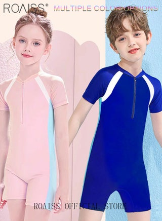 Children's One-Piece Swimsuit, Short-Sleeve Zipper Design UV Protection & Quick-Dry Professional Training Swim Set for Kids, High-Quality, Comfortable Stretch Skin-Friendly Swimwear, Blue - view 4