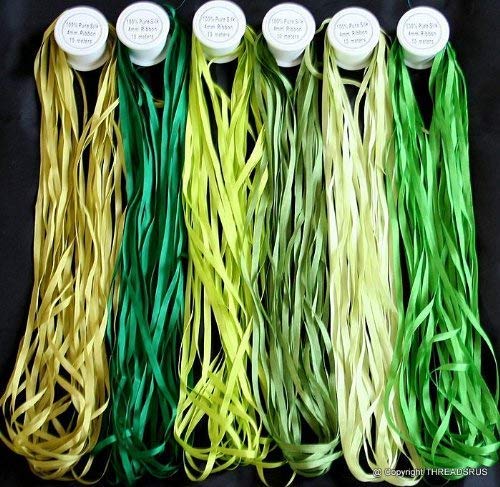ThreadNanny New 7mm Size ThreadNanny 6 Spools of 100% Pure Silk Ribbons - Green Tones - 60 MTS x 7mm - Image 1