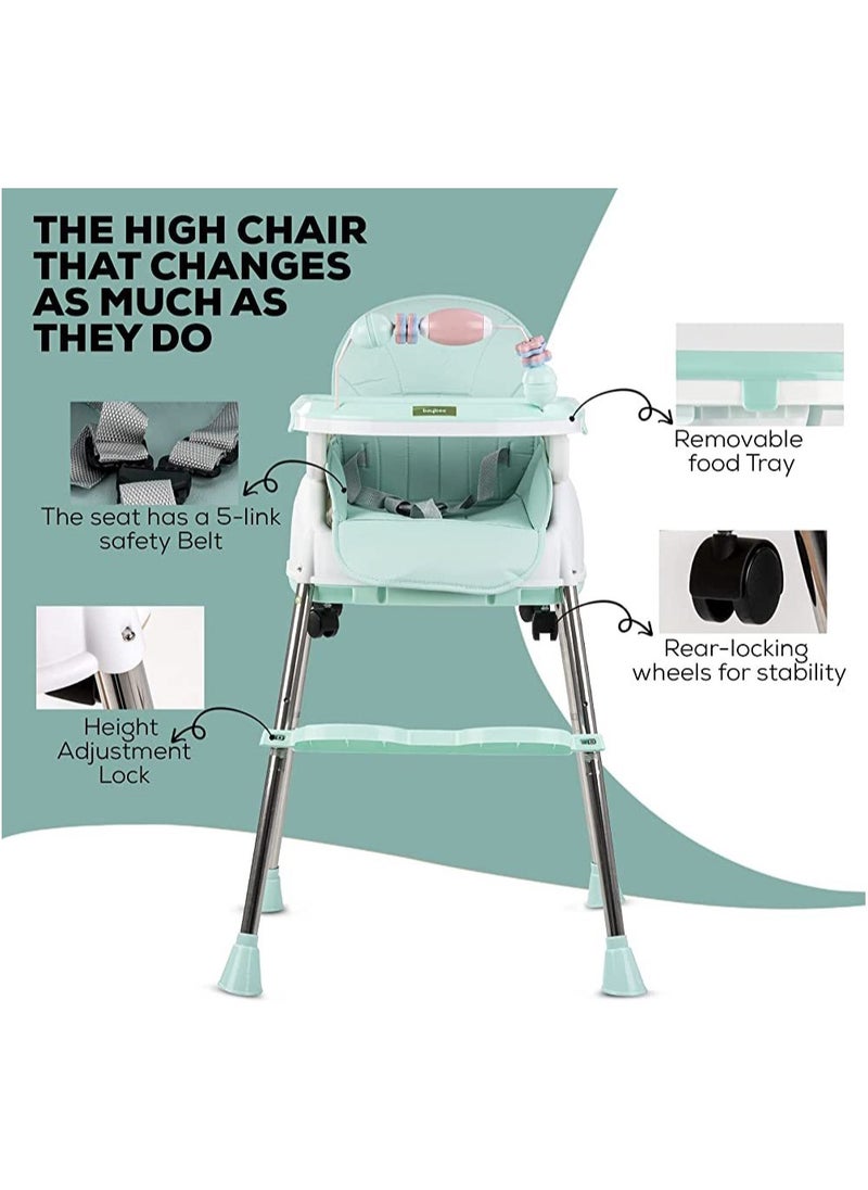 umbrella Umbrella 4 in 1 Convertible High Chair for Kids with Adjustable Height and Footrest, Baby Toddler Feeding Booster Seat with Tray, Wheels, Safety Belt and Cushion For 6 Months to 4 Years (green)  - Image 3
