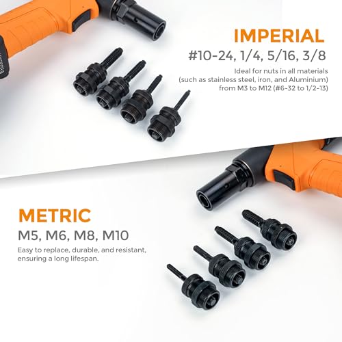 UPWOOD Heavy Duty Pneumatic Hydraulic Rivet Nut Tool, HPS6312 air Riveter Automatic Rivet Nut Gun Tool Setting Kit Come with M5, M6, M8, M10, 10-24, 1/4, 5/16, 3/8 Nose-Piece Assembly - Image 5