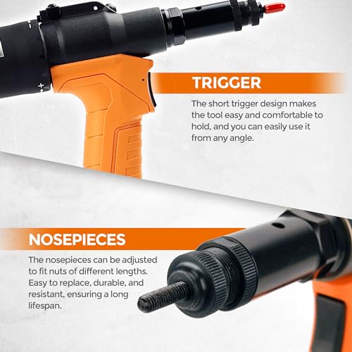 UPWOOD Heavy Duty Pneumatic Hydraulic Rivet Nut Tool, HPS6312 air Riveter Automatic Rivet Nut Gun Tool Setting Kit Come with M5, M6, M8, M10, 10-24, 1/4, 5/16, 3/8 Nose-Piece Assembly - Image 4