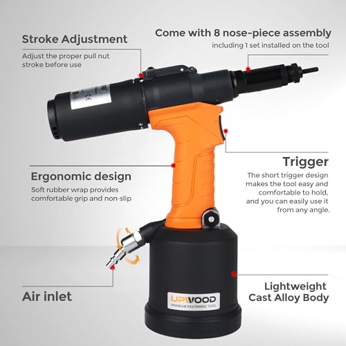 UPWOOD Heavy Duty Pneumatic Hydraulic Rivet Nut Tool, HPS6312 air Riveter Automatic Rivet Nut Gun Tool Setting Kit Come with M5, M6, M8, M10, 10-24, 1/4, 5/16, 3/8 Nose-Piece Assembly - Image 3