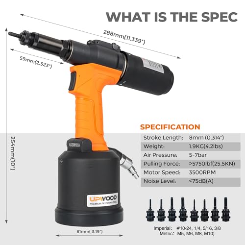 UPWOOD Heavy Duty Pneumatic Hydraulic Rivet Nut Tool, HPS6312 air Riveter Automatic Rivet Nut Gun Tool Setting Kit Come with M5, M6, M8, M10, 10-24, 1/4, 5/16, 3/8 Nose-Piece Assembly - Image 2