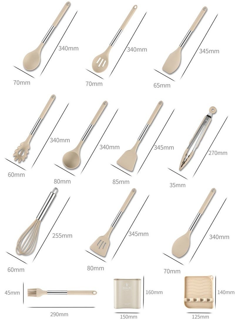 Hanayo مجموعة أدوات المطبخ للطهي 13 قطعة أدوات سيليكون مقاومة للحرارة مع مقبض من الفولاذ المقاوم للصدأ ملعقة غير لاصقة مجموعة أدوات المطبخ (كاكي) - Image 4
