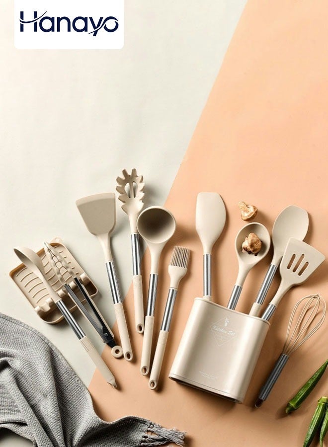 Hanayo مجموعة أدوات المطبخ للطهي 13 قطعة أدوات سيليكون مقاومة للحرارة مع مقبض من الفولاذ المقاوم للصدأ ملعقة غير لاصقة مجموعة أدوات المطبخ (كاكي) - Image 1