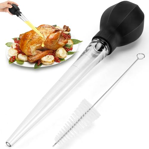 SCHVUBENR Large Turkey Baster with Cleaning Brush  Premium Baster Tool for Cooking  Easy to Use and Clean  Powerful Bulb Baster Syringe  Dishwasher Safe  Flavor Meat Poultry Beef ChickenBlack