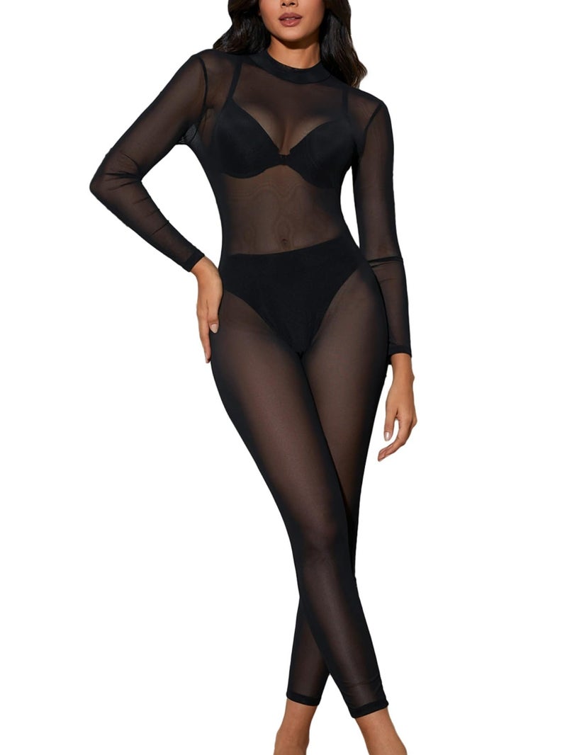 MakeMeChic Women's Sexy See Through Sheer Mesh Jumpsuits Cut Out Back Long Sleeve Skinny Club Party Outfits Black Large - Image 1