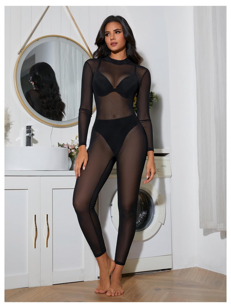 MakeMeChic Women's Sexy See Through Sheer Mesh Jumpsuits Cut Out Back Long Sleeve Skinny Club Party Outfits Black Large - Image 5