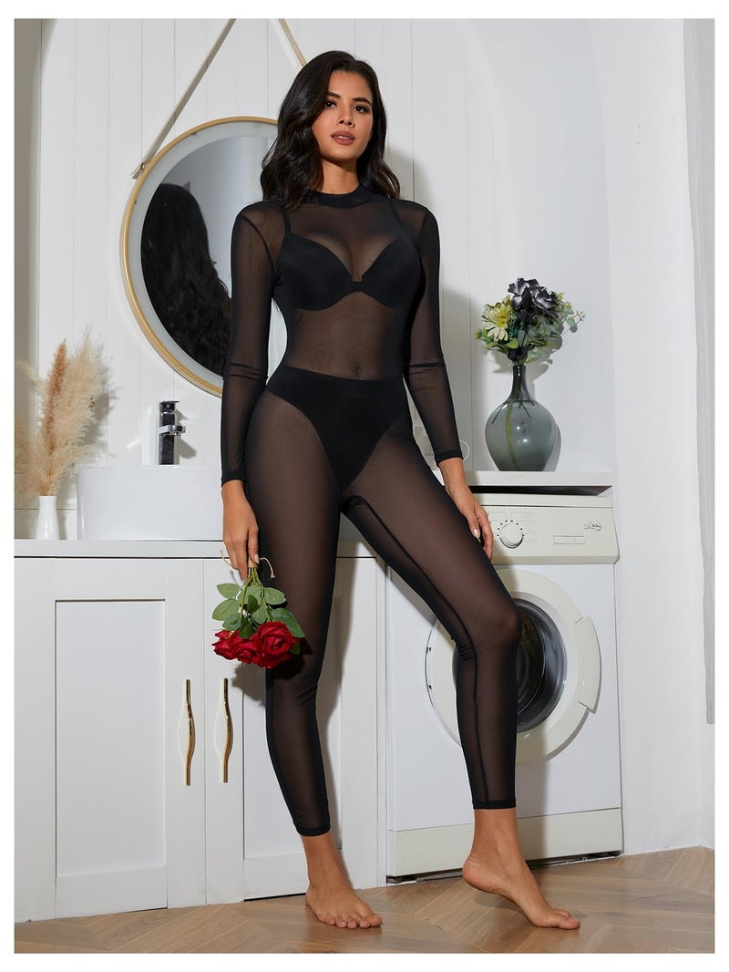 MakeMeChic Women's Sexy See Through Sheer Mesh Jumpsuits Cut Out Back Long Sleeve Skinny Club Party Outfits Black Large - Image 3