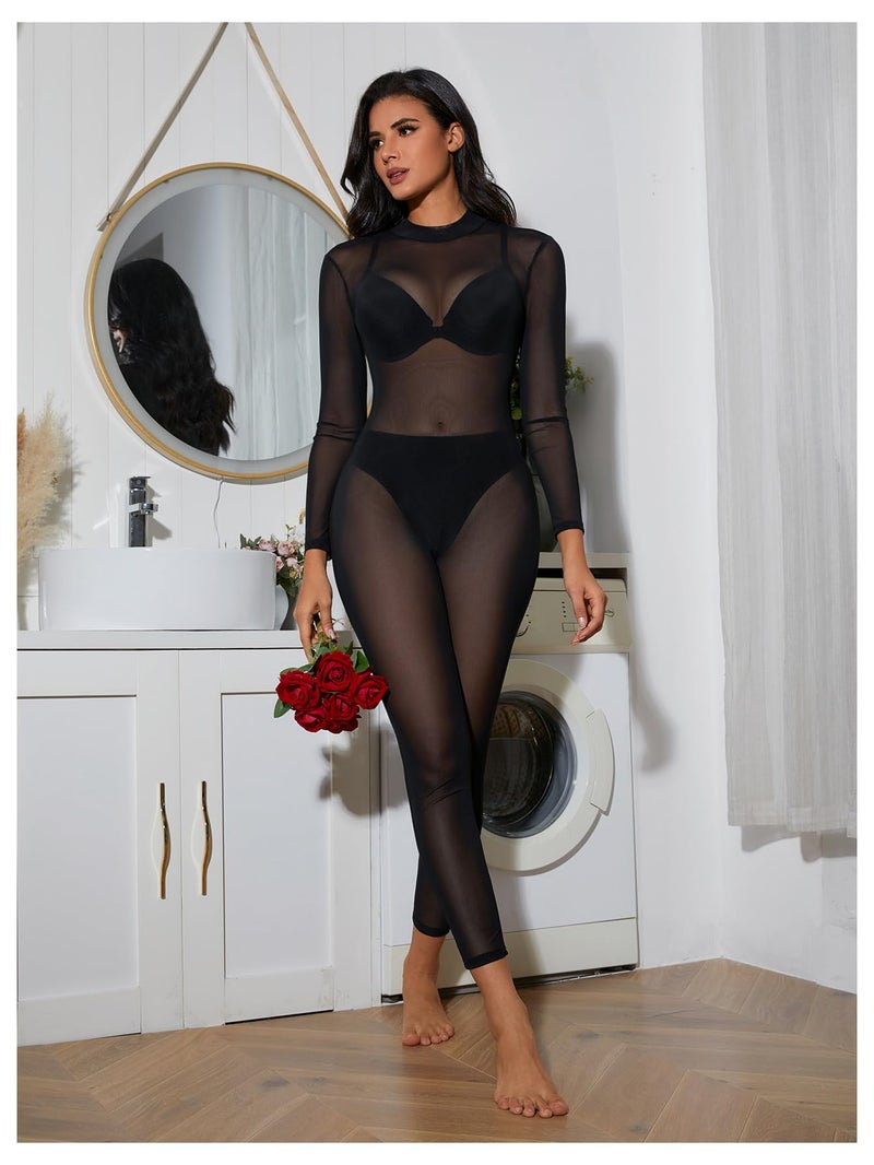 MakeMeChic Women's Sexy See Through Sheer Mesh Jumpsuits Cut Out Back Long Sleeve Skinny Club Party Outfits Black Large - Image 4