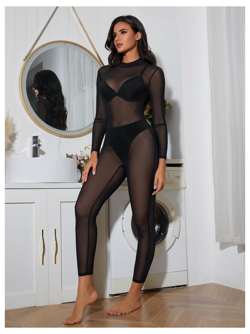MakeMeChic Women's Sexy See Through Sheer Mesh Jumpsuits Cut Out Back Long Sleeve Skinny Club Party Outfits Black Large - Image 2