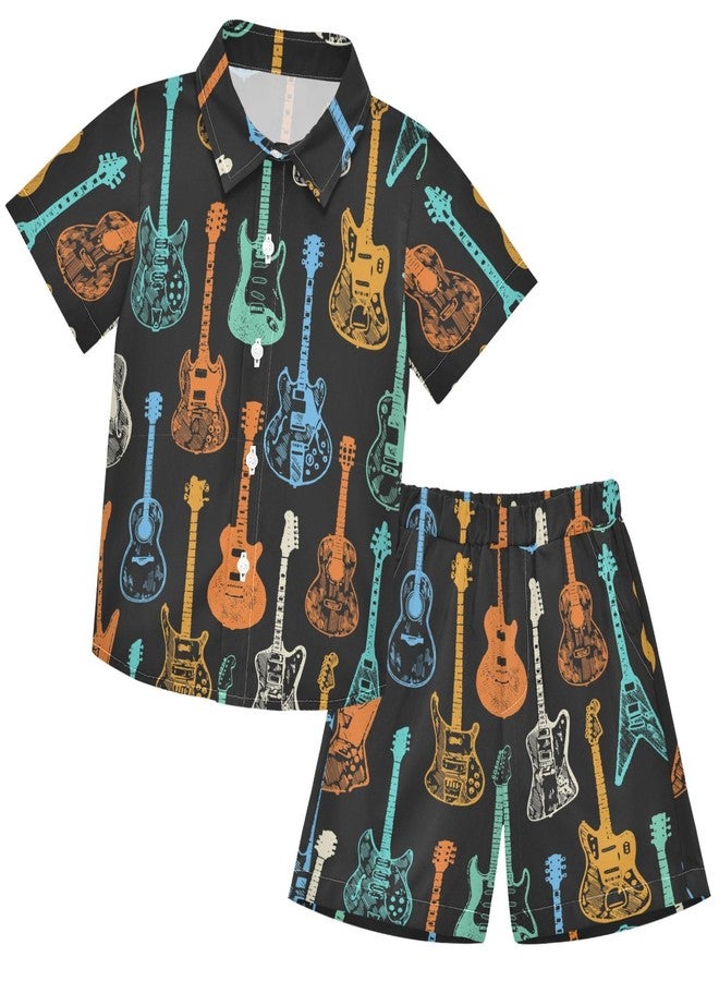 visesunny Toddler Boys 2 Piece Outfit Button Down Shirt and Short Sets Cool Style Guitar Boy Summer Outfits for Children Kids Infant Baby 3T - Image 1