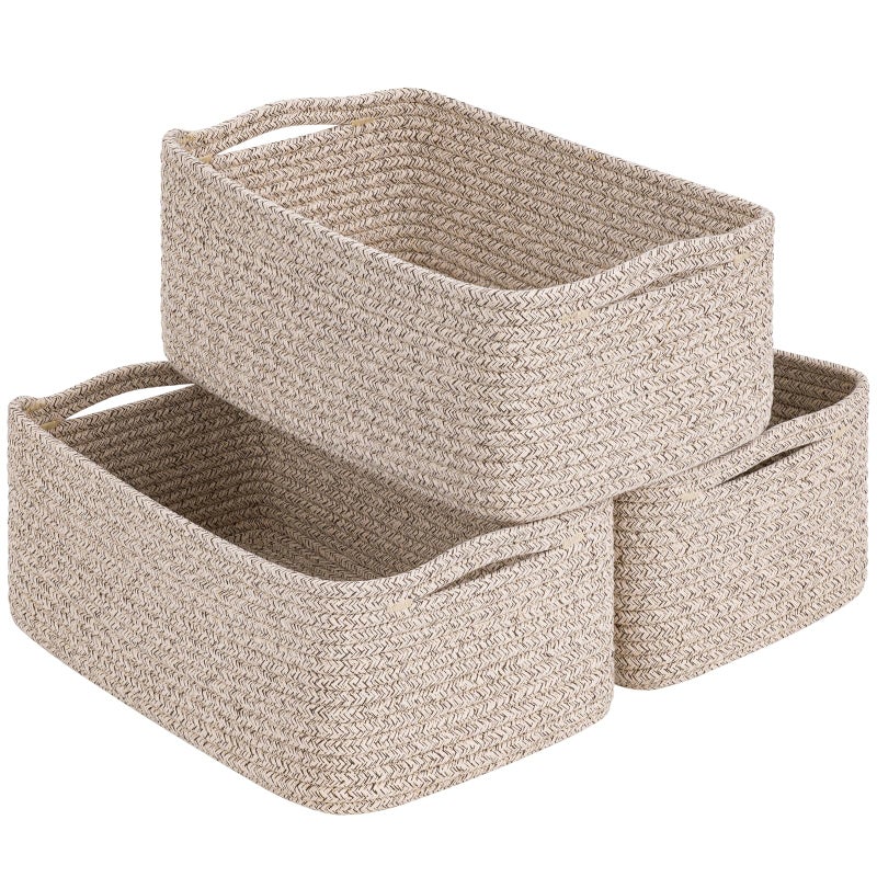 Goodpick Storage Baskets, 13 x 8 x 5 in, Closet Shelf Organizers for Gifts Empty Baskets for Shelves Dog Toy Basket Woven Baskets for Storage for Towels for Organizing 3 Pack, White & Brown - Image 1