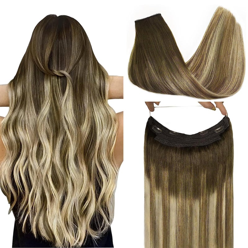 GOO GOO Wire Hair Extensions Human Hair 38613 Walnut Brown with Ash Brown and Bleach Blonde Balayage 20inch 110g Invisible Wire Hair Extensions with Transparent Seamless Fish Line Hairpiece