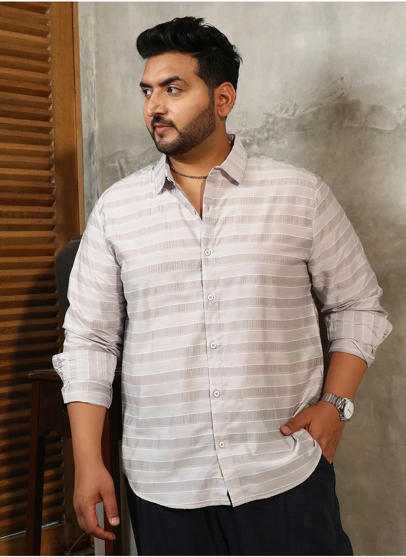 انستافاب بلس Instafab Plus Men's Off-White Parallel-Stripe Shirt For Casual Wear | Spread Collar | Long Cuffed Sleeves | Button Closure | Plus Size Shirt Crafted With Comfort Fit For Everyday Wear