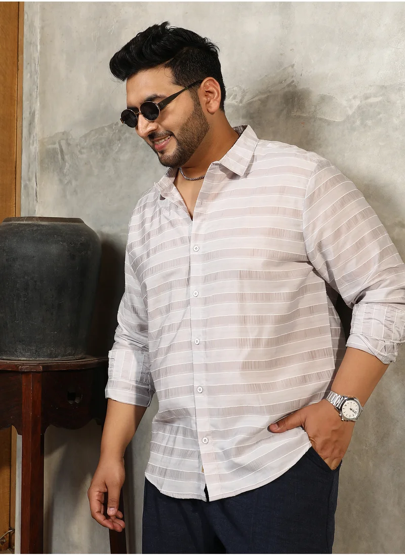 انستافاب بلس Instafab Plus Men's Off-White Parallel-Stripe Shirt For Casual Wear | Spread Collar | Long Cuffed Sleeves | Button Closure | Plus Size Shirt Crafted With Comfort Fit For Everyday Wear
