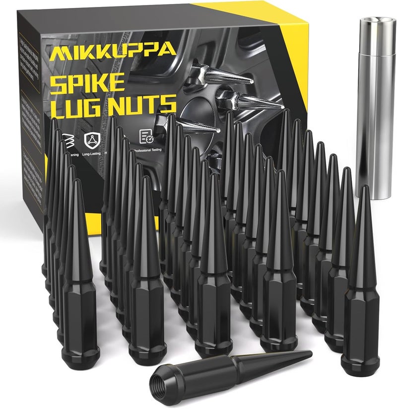 MIKKUPPA صواميل سبايك MIKKUPPA M14x2.0 - 32 قطعة صواميل سبايك باللون الأسود الكروم مع مفتاح تركيب - Image 1