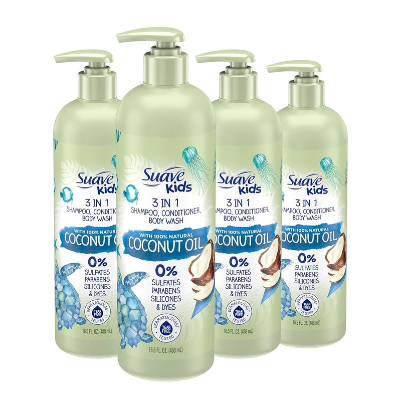 Suave Kids Natural Coconut Oil 3in1 Tear Free Body Wash Shampoo and Conditioners No Sulfates No Parabens No Silicones No Dyes 165 Oz Pack of 4